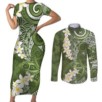 Green Polynesian Tribal Frangipani Tropical Vibe Couples Matching Short Sleeve Bodycon Dress and Long Sleeve Button Shirt LT14 Green - Polynesian Pride