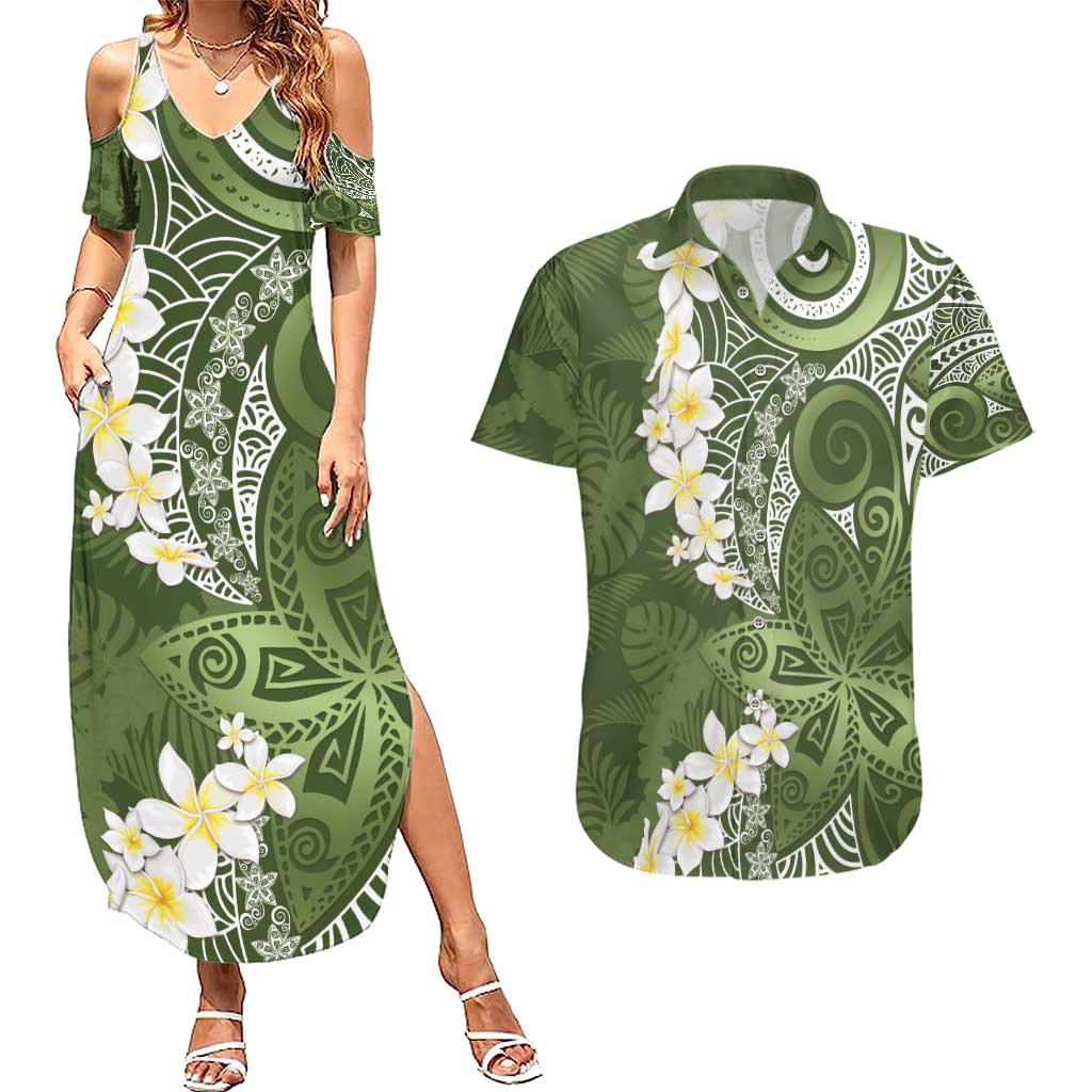 Green Polynesian Tribal Frangipani Tropical Vibe Couples Matching Summer Maxi Dress and Hawaiian Shirt LT14 Green - Polynesian Pride