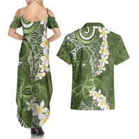 Green Polynesian Tribal Frangipani Tropical Vibe Couples Matching Summer Maxi Dress and Hawaiian Shirt LT14 - Polynesian Pride