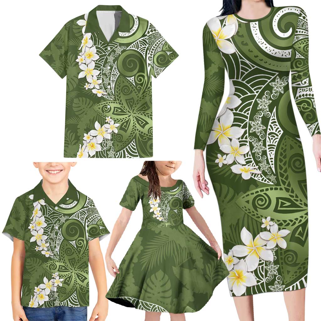 Green Polynesian Tribal Frangipani Tropical Vibe Family Matching Long Sleeve Bodycon Dress and Hawaiian Shirt LT14 - Polynesian Pride