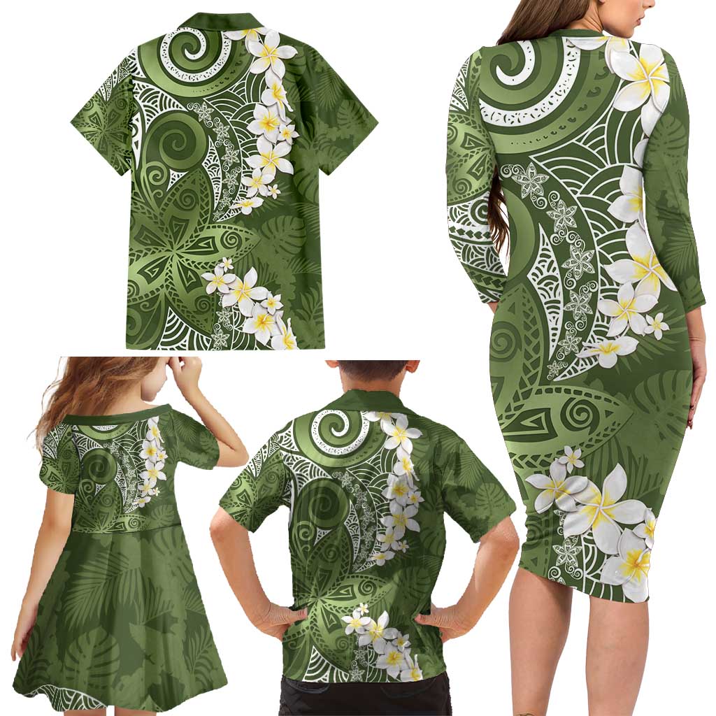 Green Polynesian Tribal Frangipani Tropical Vibe Family Matching Long Sleeve Bodycon Dress and Hawaiian Shirt LT14 - Polynesian Pride