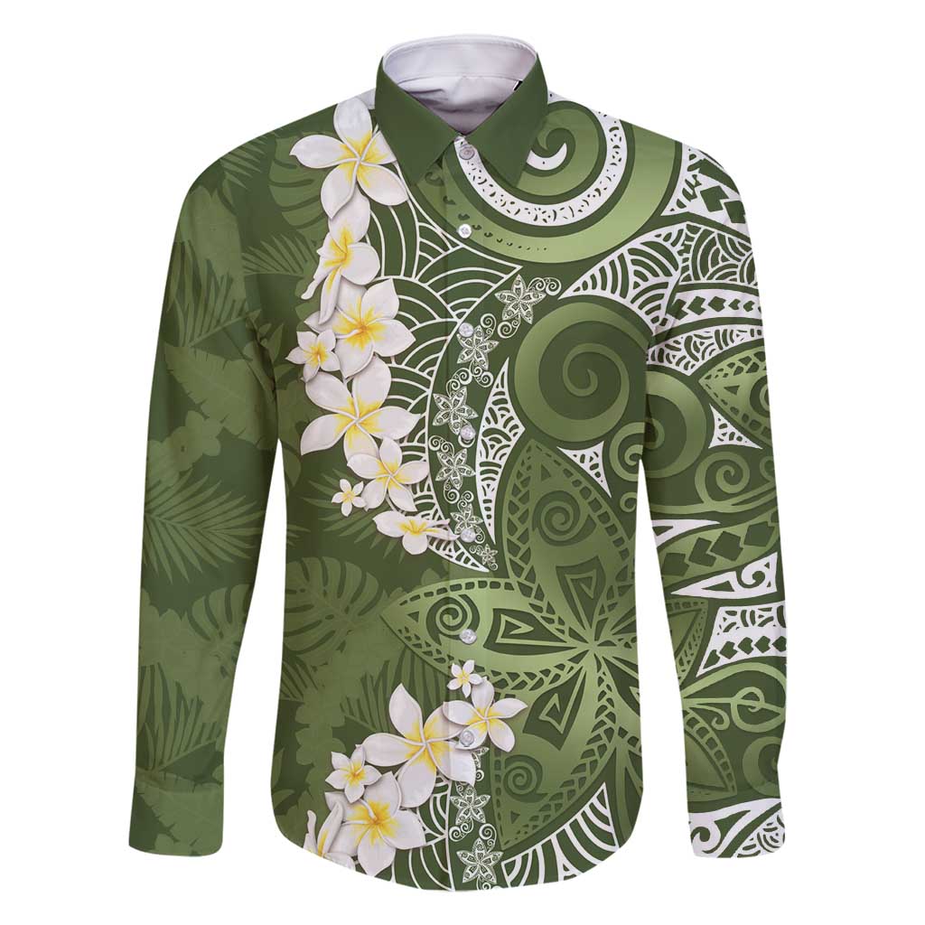 Green Polynesian Tribal Frangipani Tropical Vibe Family Matching Long Sleeve Bodycon Dress and Hawaiian Shirt LT14 Dad's Shirt - Long Sleeve Green - Polynesian Pride