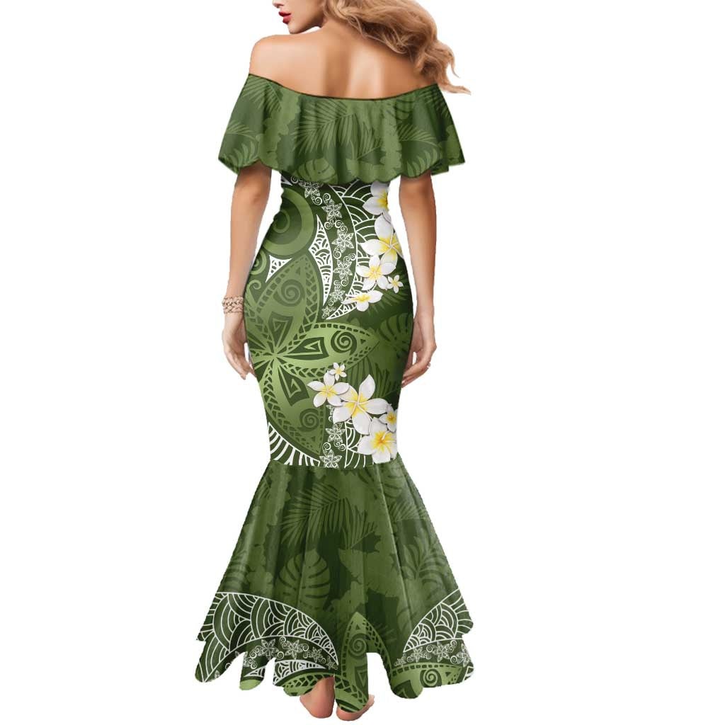 Green Polynesian Tribal Frangipani Tropical Vibe Family Matching Mermaid Dress and Hawaiian Shirt LT14 - Polynesian Pride