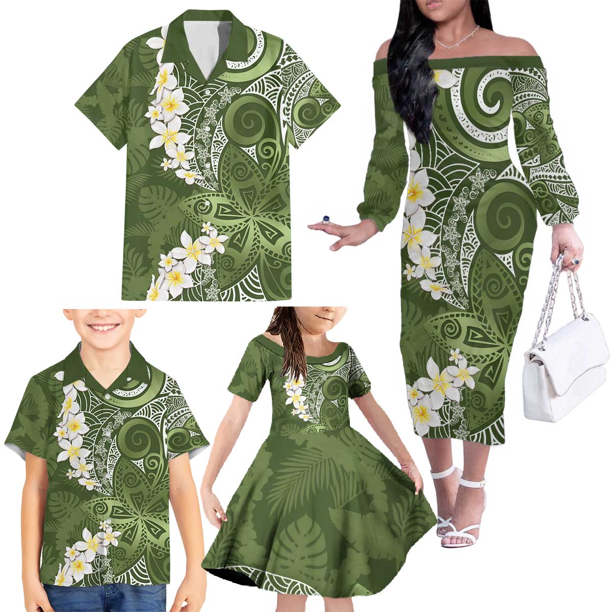 Green Polynesian Tribal Frangipani Tropical Vibe Family Matching Off The Shoulder Long Sleeve Dress and Hawaiian Shirt LT14 - Polynesian Pride