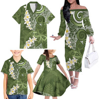 Green Polynesian Tribal Frangipani Tropical Vibe Family Matching Off The Shoulder Long Sleeve Dress and Hawaiian Shirt LT14 - Polynesian Pride