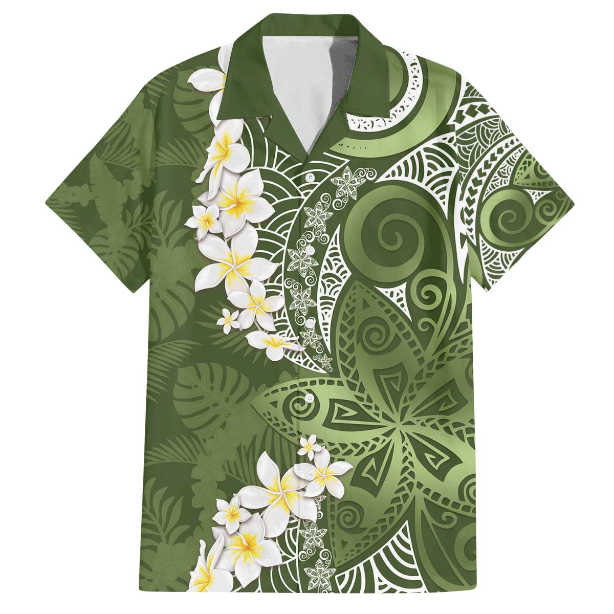 Green Polynesian Tribal Frangipani Tropical Vibe Family Matching Off The Shoulder Long Sleeve Dress and Hawaiian Shirt LT14 Dad's Shirt - Short Sleeve Green - Polynesian Pride