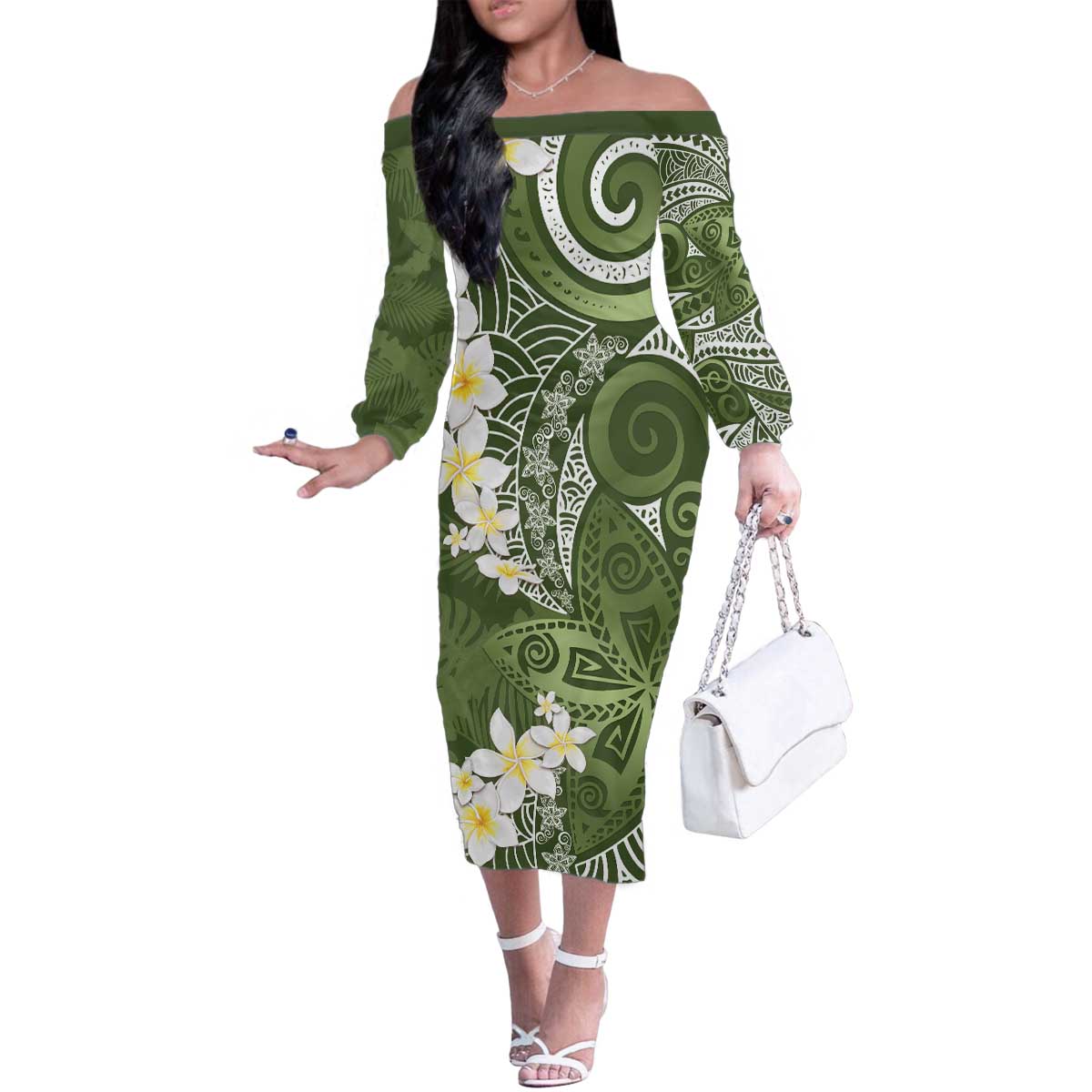 Green Polynesian Tribal Frangipani Tropical Vibe Family Matching Off The Shoulder Long Sleeve Dress and Hawaiian Shirt LT14 Mom's Dress Green - Polynesian Pride