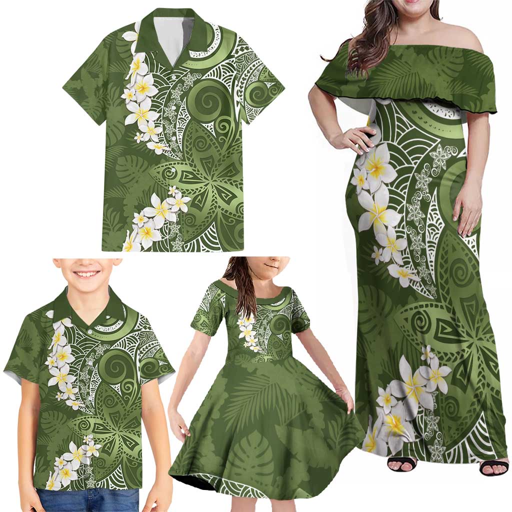 Green Polynesian Tribal Frangipani Tropical Vibe Family Matching Off Shoulder Maxi Dress and Hawaiian Shirt LT14 - Polynesian Pride