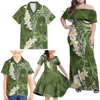 Green Polynesian Tribal Frangipani Tropical Vibe Family Matching Off Shoulder Maxi Dress and Hawaiian Shirt LT14 - Polynesian Pride