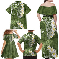 Green Polynesian Tribal Frangipani Tropical Vibe Family Matching Off Shoulder Maxi Dress and Hawaiian Shirt LT14 - Polynesian Pride