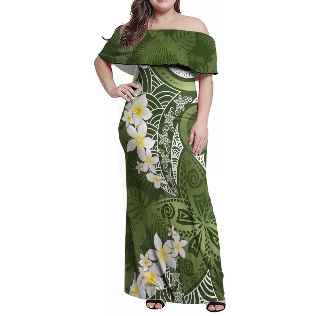 Green Polynesian Tribal Frangipani Tropical Vibe Family Matching Off Shoulder Maxi Dress and Hawaiian Shirt LT14 Mom's Dress Green - Polynesian Pride