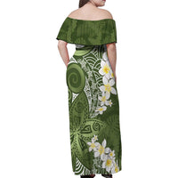 Green Polynesian Tribal Frangipani Tropical Vibe Family Matching Off Shoulder Maxi Dress and Hawaiian Shirt LT14 - Polynesian Pride