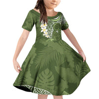 Green Polynesian Tribal Frangipani Tropical Vibe Family Matching Off Shoulder Short Dress and Hawaiian Shirt LT14 Daughter's Dress Green - Polynesian Pride
