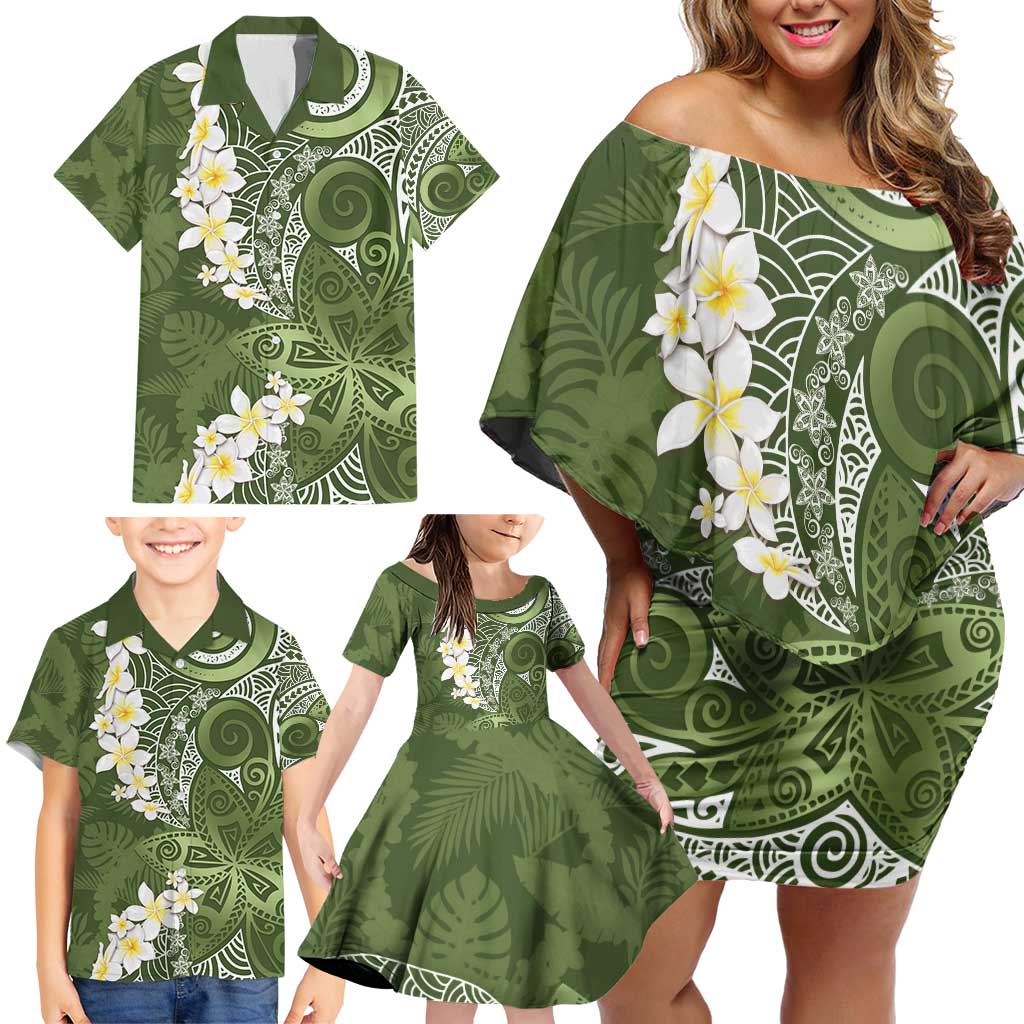 Green Polynesian Tribal Frangipani Tropical Vibe Family Matching Off Shoulder Short Dress and Hawaiian Shirt LT14 - Polynesian Pride