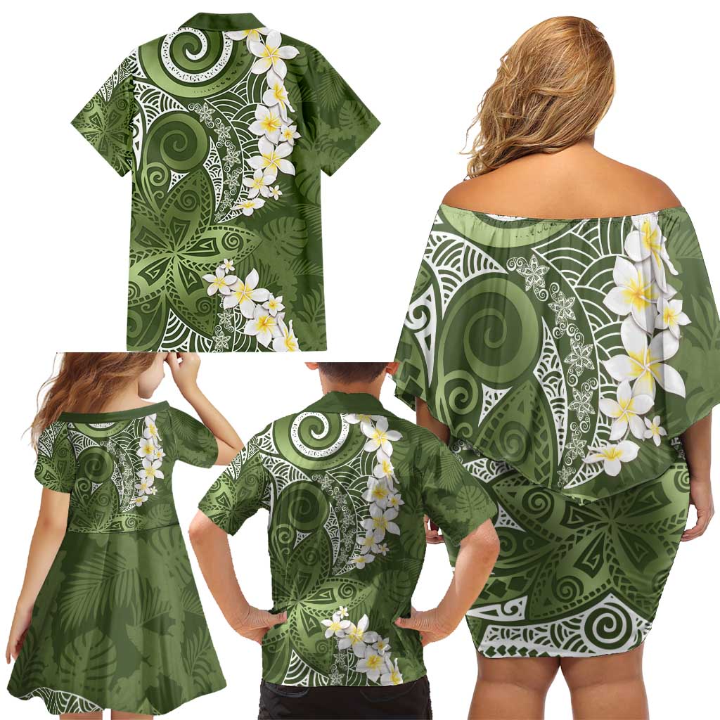 Green Polynesian Tribal Frangipani Tropical Vibe Family Matching Off Shoulder Short Dress and Hawaiian Shirt LT14 - Polynesian Pride