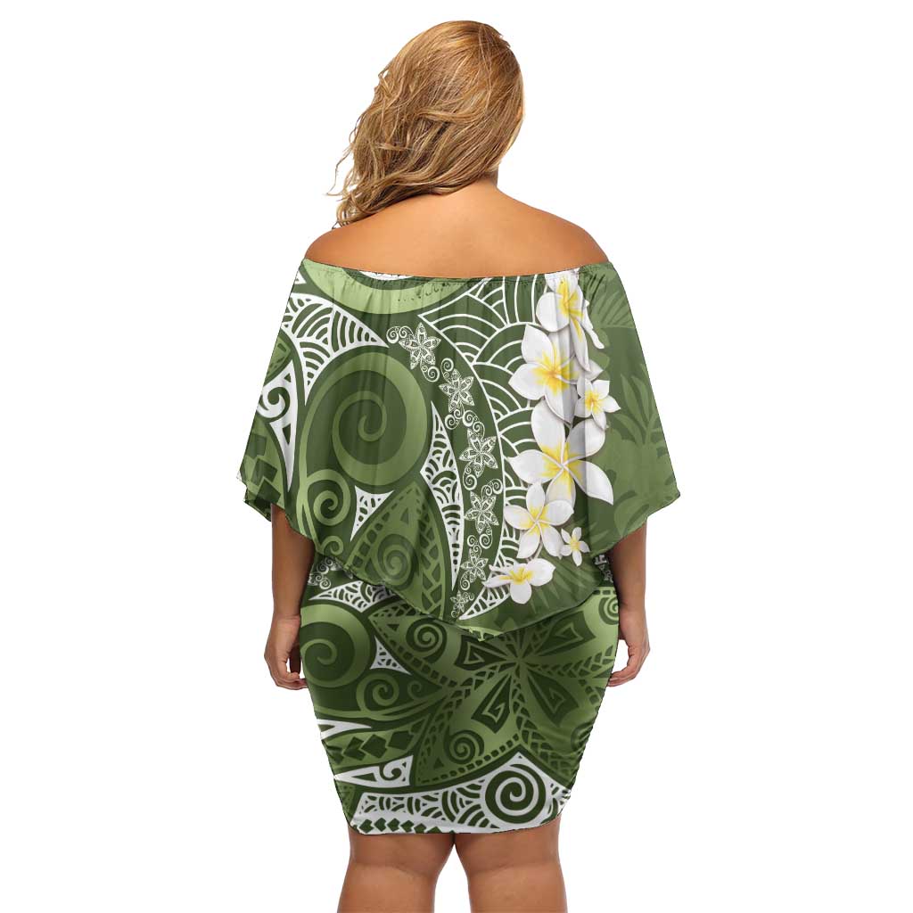 Green Polynesian Tribal Frangipani Tropical Vibe Family Matching Off Shoulder Short Dress and Hawaiian Shirt LT14 - Polynesian Pride