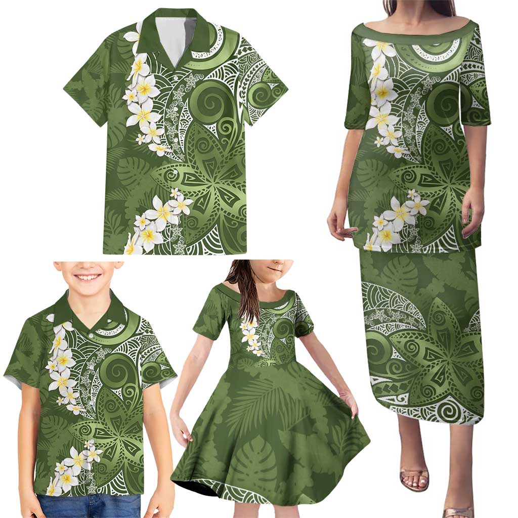 Green Polynesian Tribal Frangipani Tropical Vibe Family Matching Puletasi and Hawaiian Shirt LT14 - Polynesian Pride