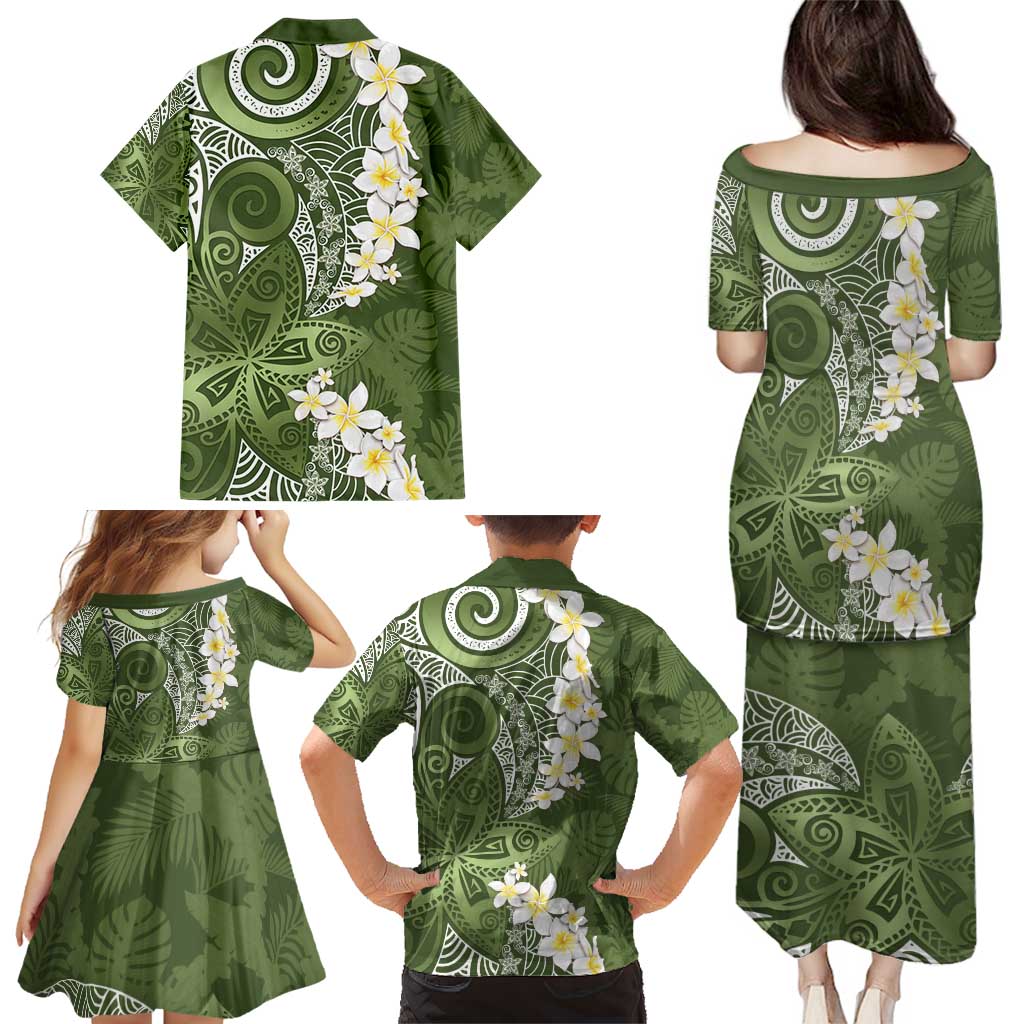 Green Polynesian Tribal Frangipani Tropical Vibe Family Matching Puletasi and Hawaiian Shirt LT14 - Polynesian Pride