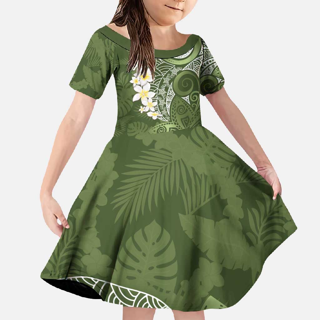 Green Polynesian Tribal Frangipani Tropical Vibe Family Matching Short Sleeve Bodycon Dress and Hawaiian Shirt LT14 Daughter's Dress Green - Polynesian Pride