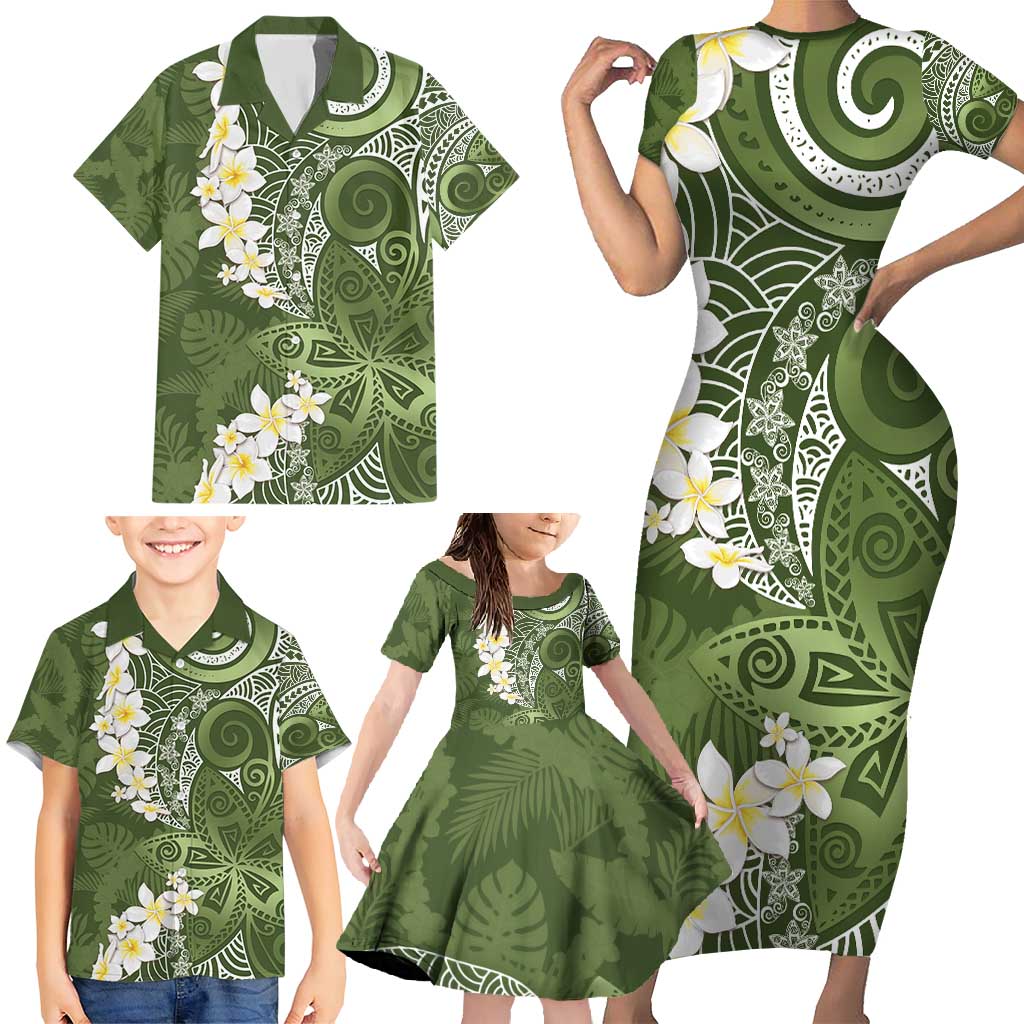Green Polynesian Tribal Frangipani Tropical Vibe Family Matching Short Sleeve Bodycon Dress and Hawaiian Shirt LT14 - Polynesian Pride