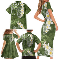 Green Polynesian Tribal Frangipani Tropical Vibe Family Matching Short Sleeve Bodycon Dress and Hawaiian Shirt LT14 - Polynesian Pride