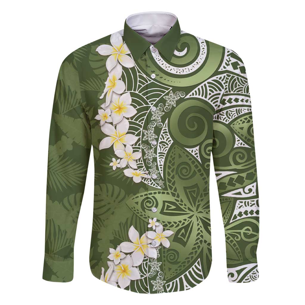 Green Polynesian Tribal Frangipani Tropical Vibe Family Matching Short Sleeve Bodycon Dress and Hawaiian Shirt LT14 Dad's Shirt - Long Sleeve Green - Polynesian Pride