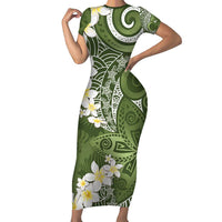 Green Polynesian Tribal Frangipani Tropical Vibe Family Matching Short Sleeve Bodycon Dress and Hawaiian Shirt LT14 Mom's Dress Green - Polynesian Pride