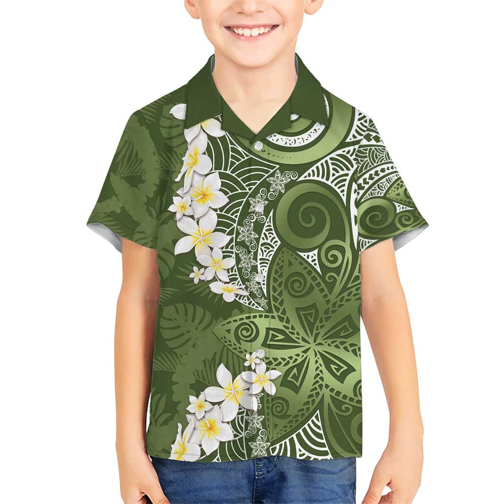 Green Polynesian Tribal Frangipani Tropical Vibe Family Matching Short Sleeve Bodycon Dress and Hawaiian Shirt LT14 Son's Shirt Green - Polynesian Pride