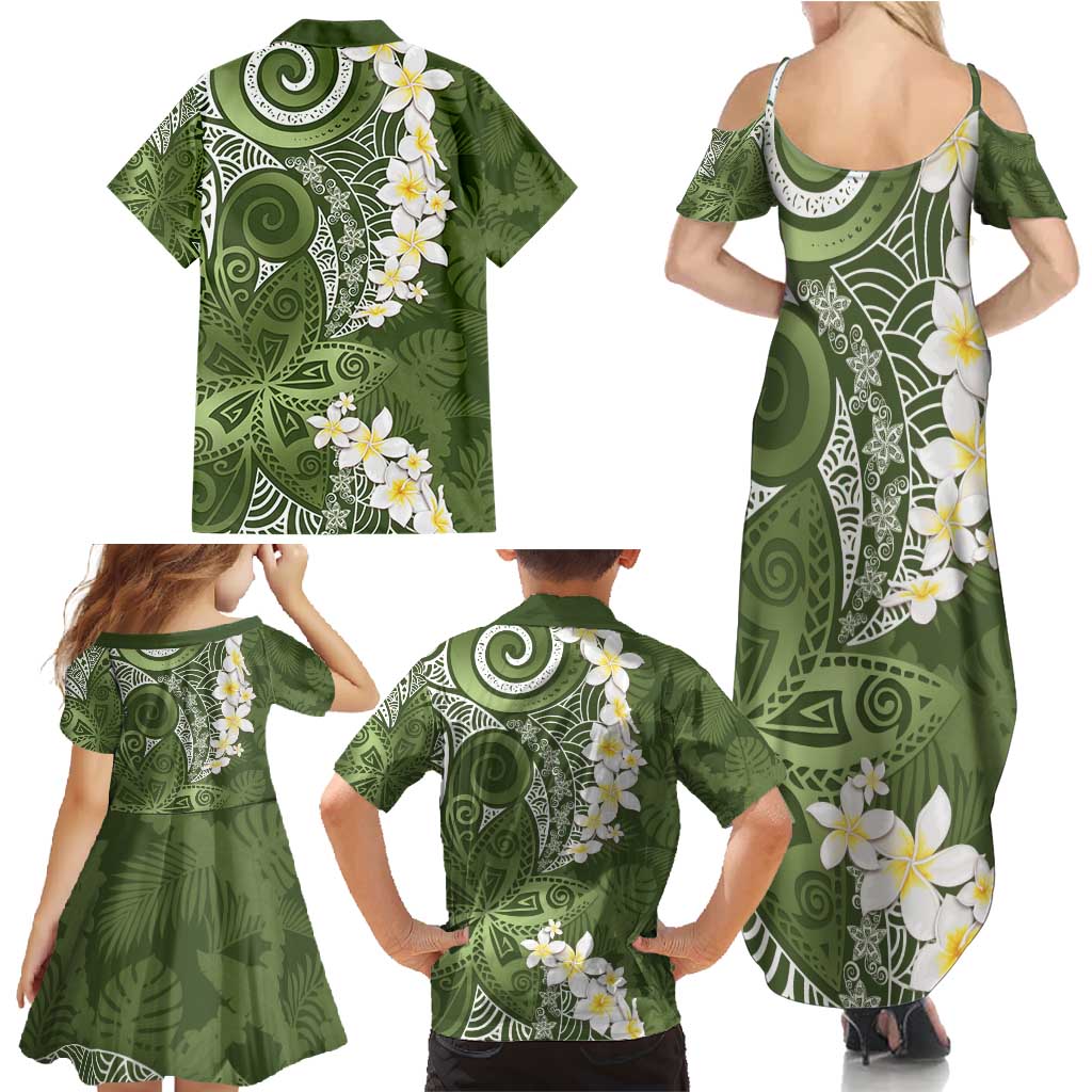 Green Polynesian Tribal Frangipani Tropical Vibe Family Matching Summer Maxi Dress and Hawaiian Shirt LT14 - Polynesian Pride