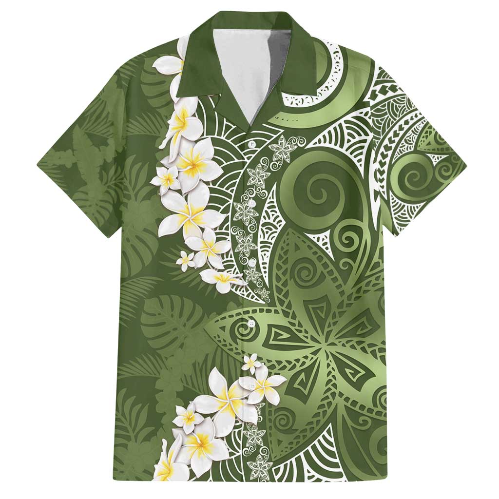 Green Polynesian Tribal Frangipani Tropical Vibe Family Matching Summer Maxi Dress and Hawaiian Shirt LT14 Dad's Shirt - Short Sleeve Green - Polynesian Pride