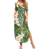 Green Polynesian Tribal Frangipani Tropical Vibe Family Matching Summer Maxi Dress and Hawaiian Shirt LT14 Mom's Dress Green - Polynesian Pride