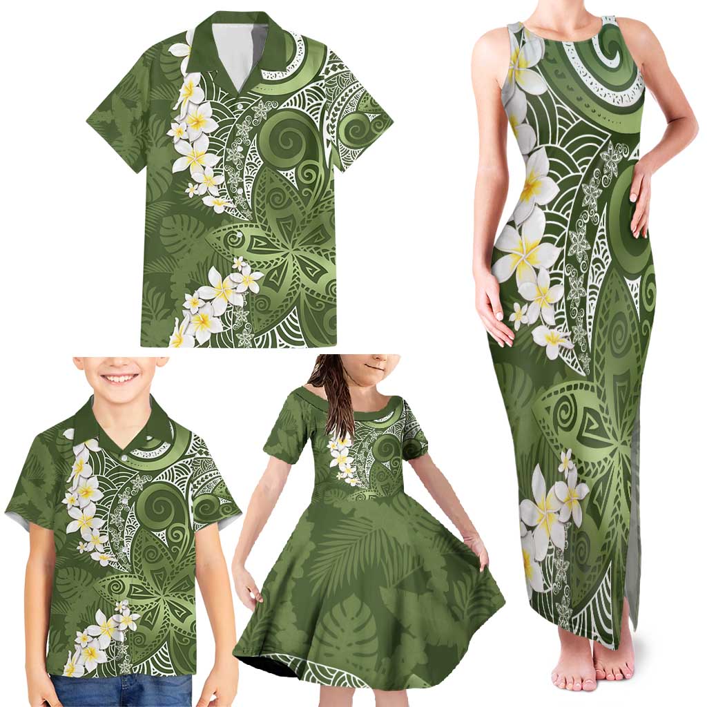 Green Polynesian Tribal Frangipani Tropical Vibe Family Matching Tank Maxi Dress and Hawaiian Shirt LT14 - Polynesian Pride