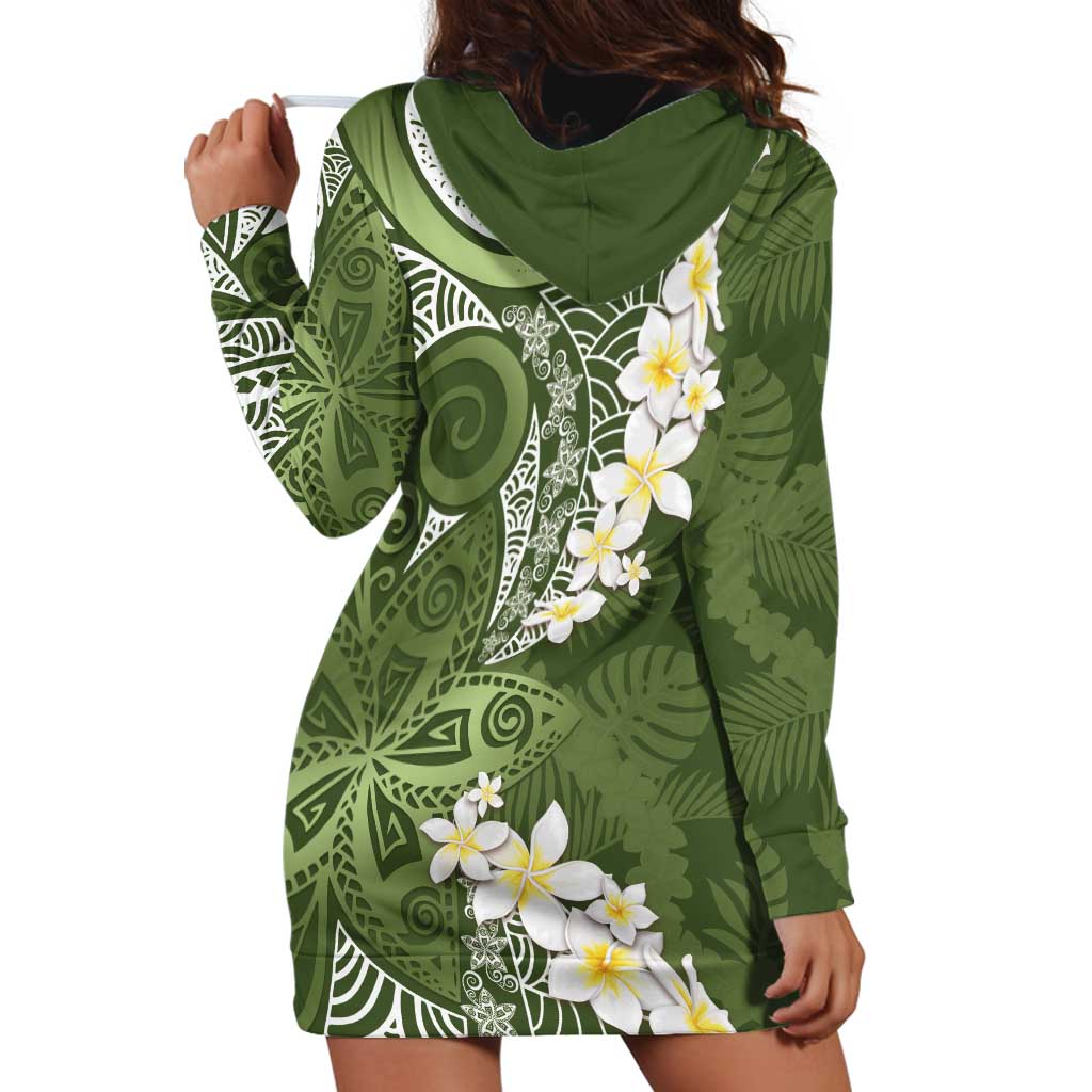 Green Polynesian Tribal Frangipani Tropical Vibe Hoodie Dress