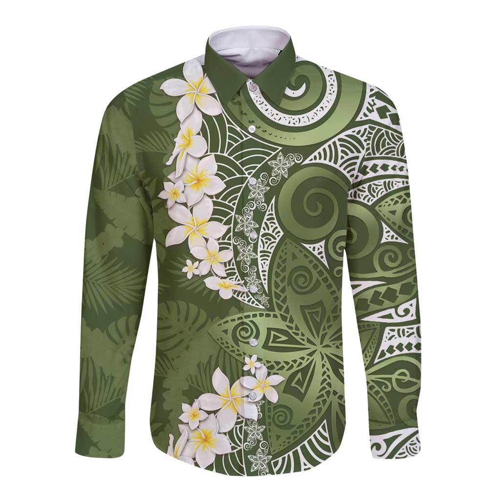 Green Polynesian Tribal Frangipani Tropical Vibe Long Sleeve Button Shirt LT14 Unisex Green - Polynesian Pride