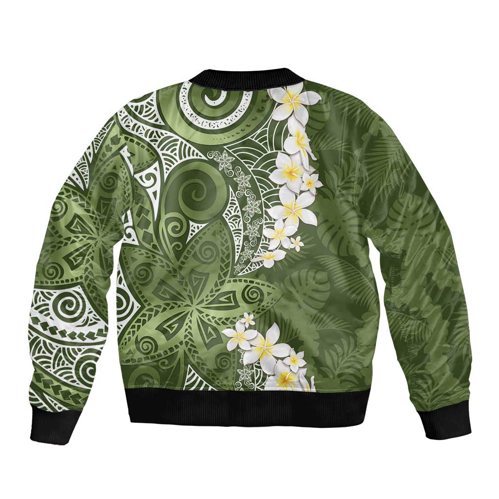 Green Polynesian Tribal Frangipani Tropical Vibe Sleeve Zip Bomber Jacket LT14 - Polynesian Pride