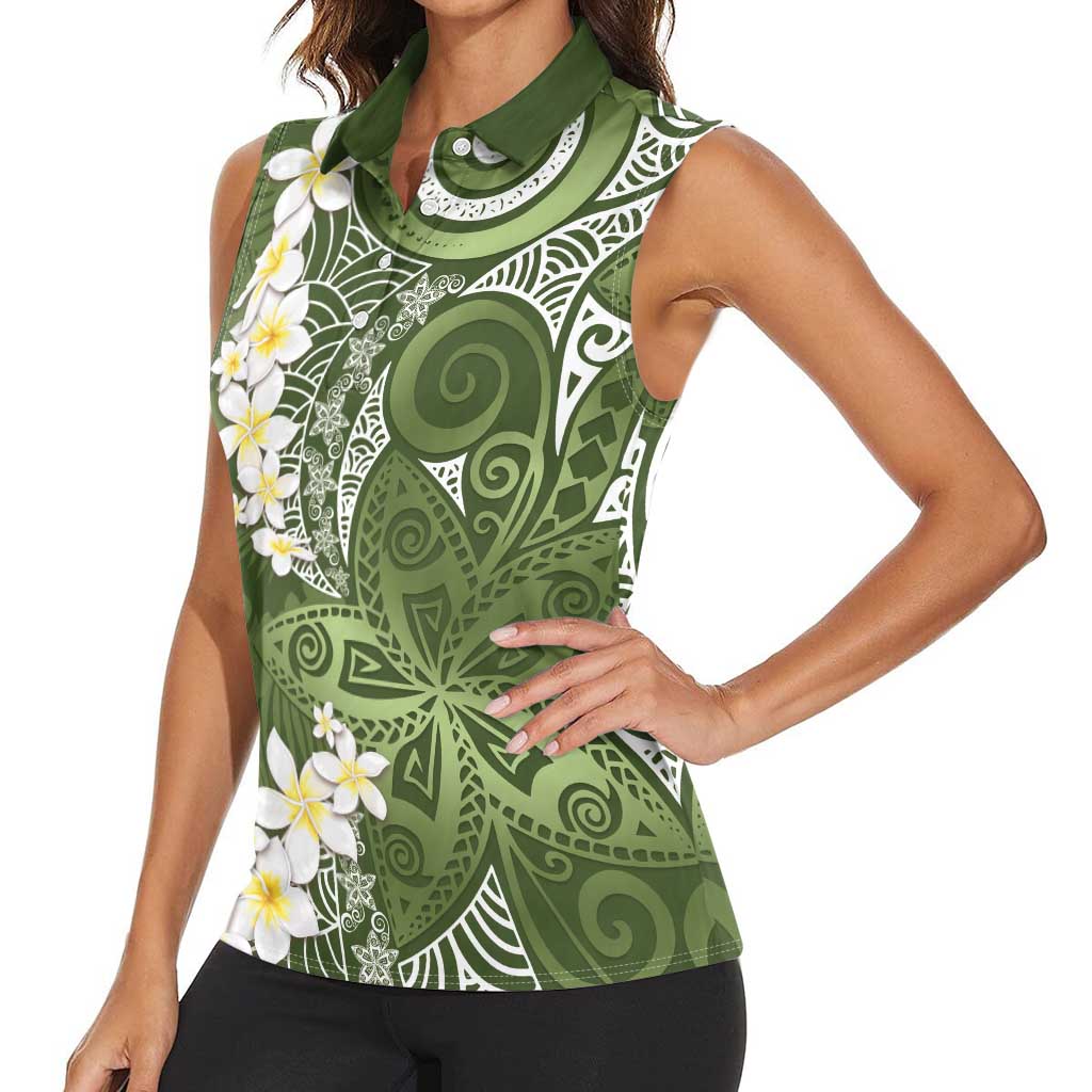 Green Polynesian Tribal Frangipani Tropical Vibe Women Sleeveless Polo Shirt LT14 - Polynesian Pride