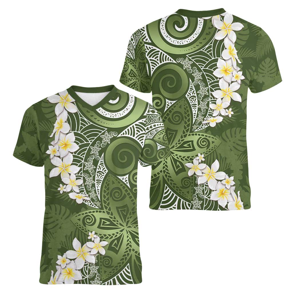 Green Polynesian Tribal Frangipani Tropical Vibe Women V-Neck T-Shirt LT14 - Polynesian Pride