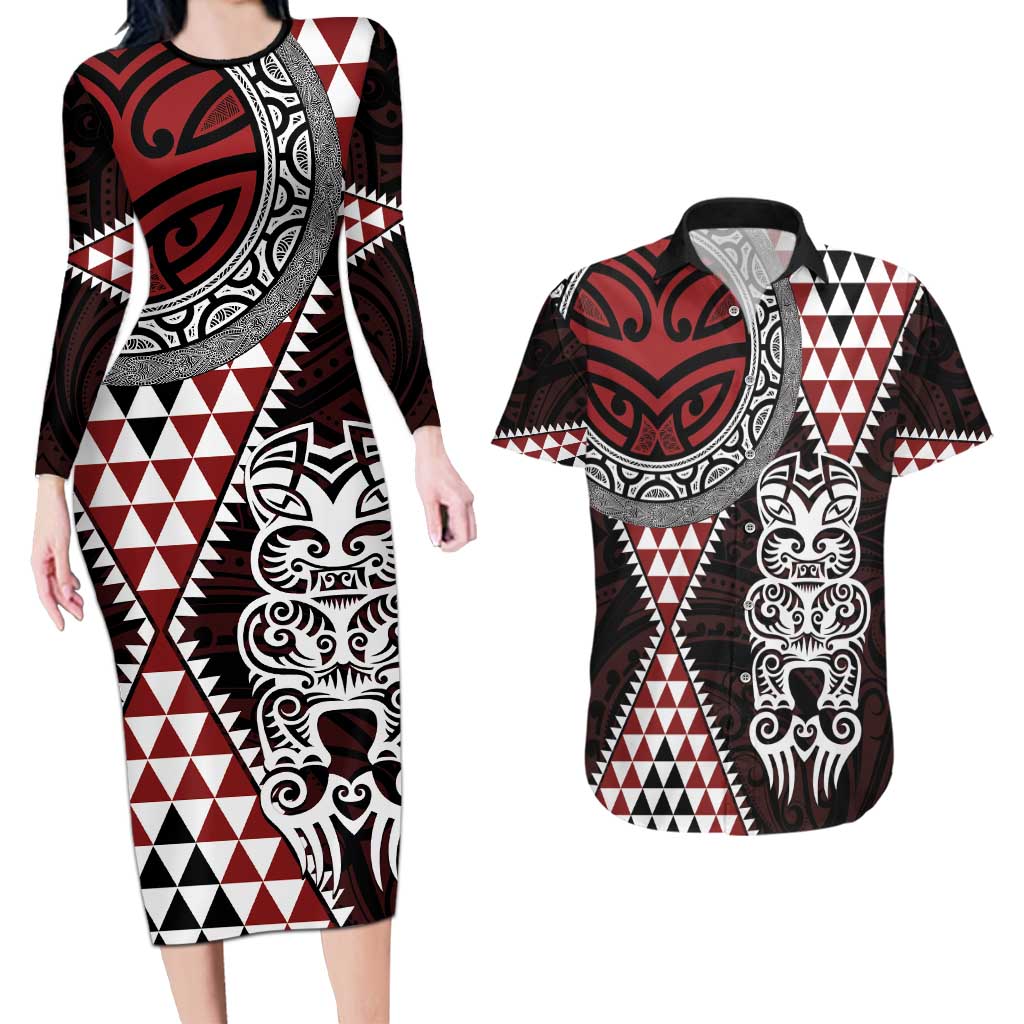 Red Aotearoa Niho Taniwha Couples Matching Long Sleeve Bodycon Dress and Hawaiian Shirt Maori Mythology Tooth - Taniko Motifs LT14 Red - Polynesian Pride
