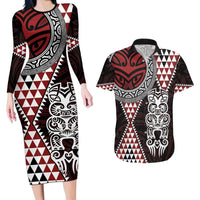Red Aotearoa Niho Taniwha Couples Matching Long Sleeve Bodycon Dress and Hawaiian Shirt Maori Mythology Tooth - Taniko Motifs LT14 Red - Polynesian Pride