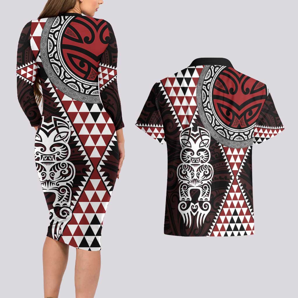 Red Aotearoa Niho Taniwha Couples Matching Long Sleeve Bodycon Dress and Hawaiian Shirt Maori Mythology Tooth - Taniko Motifs LT14 - Polynesian Pride
