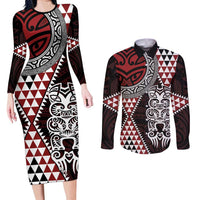 Red Aotearoa Niho Taniwha Couples Matching Long Sleeve Bodycon Dress and Long Sleeve Button Shirt Maori Mythology Tooth - Taniko Motifs LT14 Red - Polynesian Pride