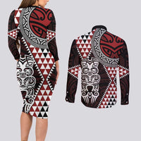 Red Aotearoa Niho Taniwha Couples Matching Long Sleeve Bodycon Dress and Long Sleeve Button Shirt Maori Mythology Tooth - Taniko Motifs LT14 - Polynesian Pride