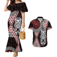 Red Aotearoa Niho Taniwha Couples Matching Mermaid Dress and Hawaiian Shirt Maori Mythology Tooth - Taniko Motifs LT14 Red - Polynesian Pride