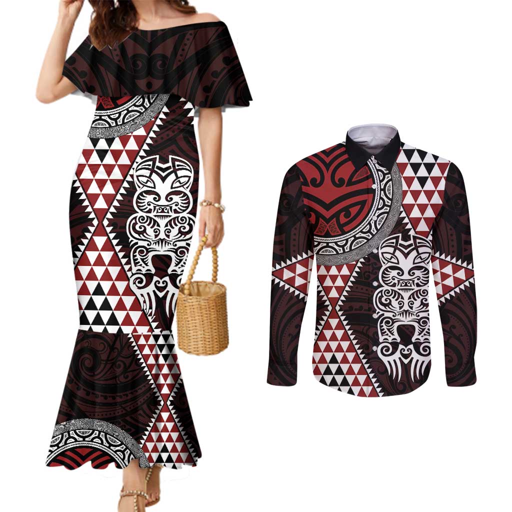 Red Aotearoa Niho Taniwha Couples Matching Mermaid Dress and Long Sleeve Button Shirt Maori Mythology Tooth - Taniko Motifs LT14 Red - Polynesian Pride