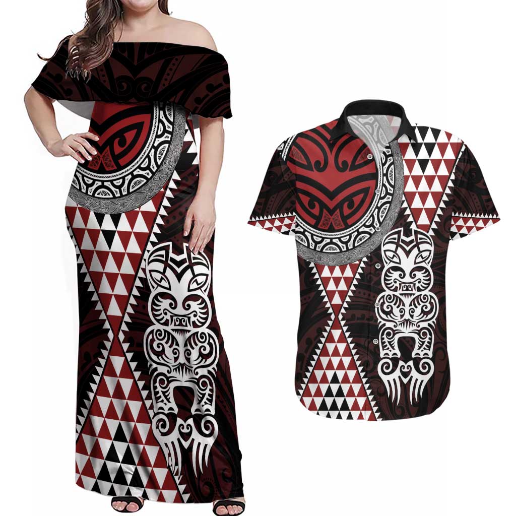 Red Aotearoa Niho Taniwha Couples Matching Off Shoulder Maxi Dress and Hawaiian Shirt Maori Mythology Tooth - Taniko Motifs LT14 Red - Polynesian Pride