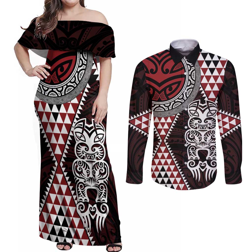 Red Aotearoa Niho Taniwha Couples Matching Off Shoulder Maxi Dress and Long Sleeve Button Shirt Maori Mythology Tooth - Taniko Motifs LT14 Red - Polynesian Pride