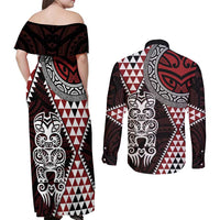 Red Aotearoa Niho Taniwha Couples Matching Off Shoulder Maxi Dress and Long Sleeve Button Shirt Maori Mythology Tooth - Taniko Motifs LT14 - Polynesian Pride