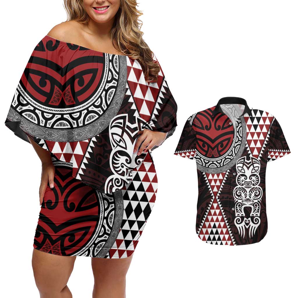 Red Aotearoa Niho Taniwha Couples Matching Off Shoulder Short Dress and Hawaiian Shirt Maori Mythology Tooth - Taniko Motifs LT14 Red - Polynesian Pride