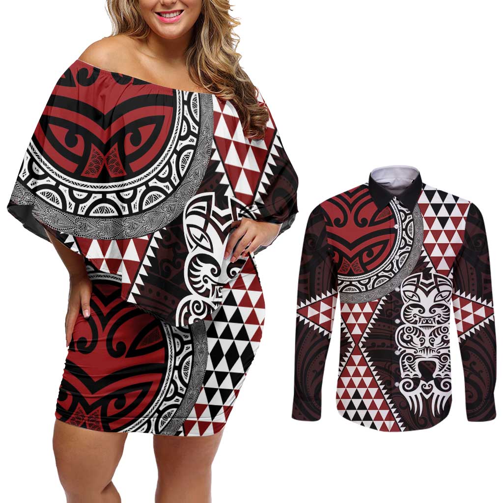Red Aotearoa Niho Taniwha Couples Matching Off Shoulder Short Dress and Long Sleeve Button Shirt Maori Mythology Tooth - Taniko Motifs LT14 Red - Polynesian Pride