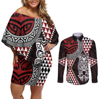 Red Aotearoa Niho Taniwha Couples Matching Off Shoulder Short Dress and Long Sleeve Button Shirt Maori Mythology Tooth - Taniko Motifs LT14 Red - Polynesian Pride